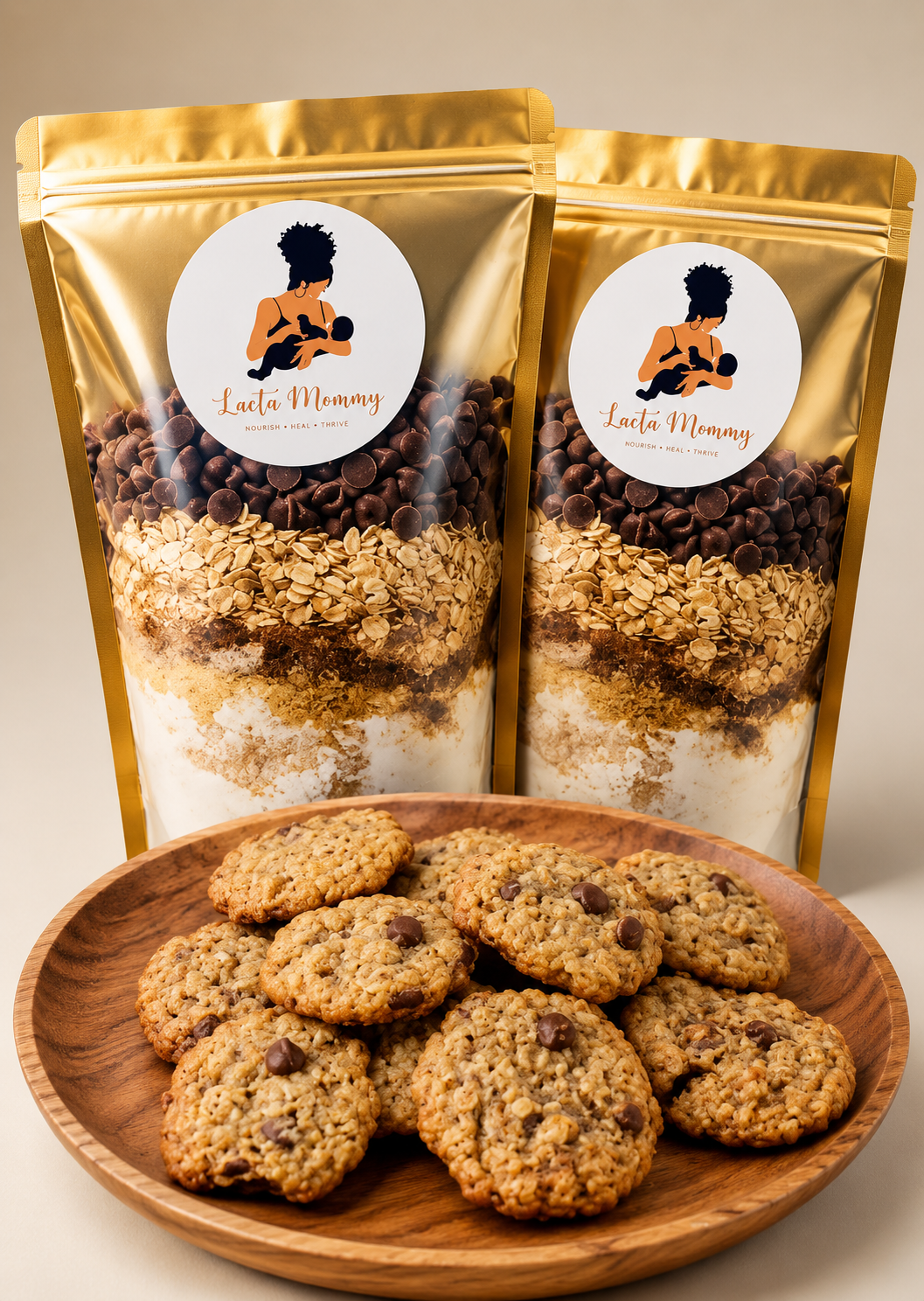 Two gold pouches with freshly baked lactation cookies